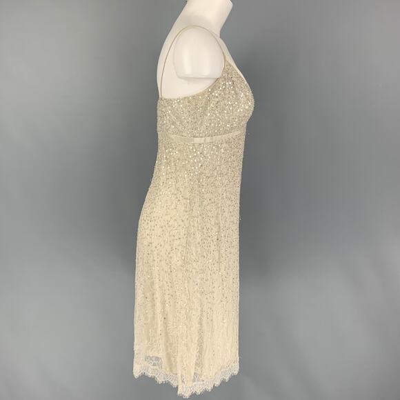 CARMEN MARC VALVO Size 6 Off White Lace Sequined Spaghetti Straps Cocktail Dress - Picture 2 of 4